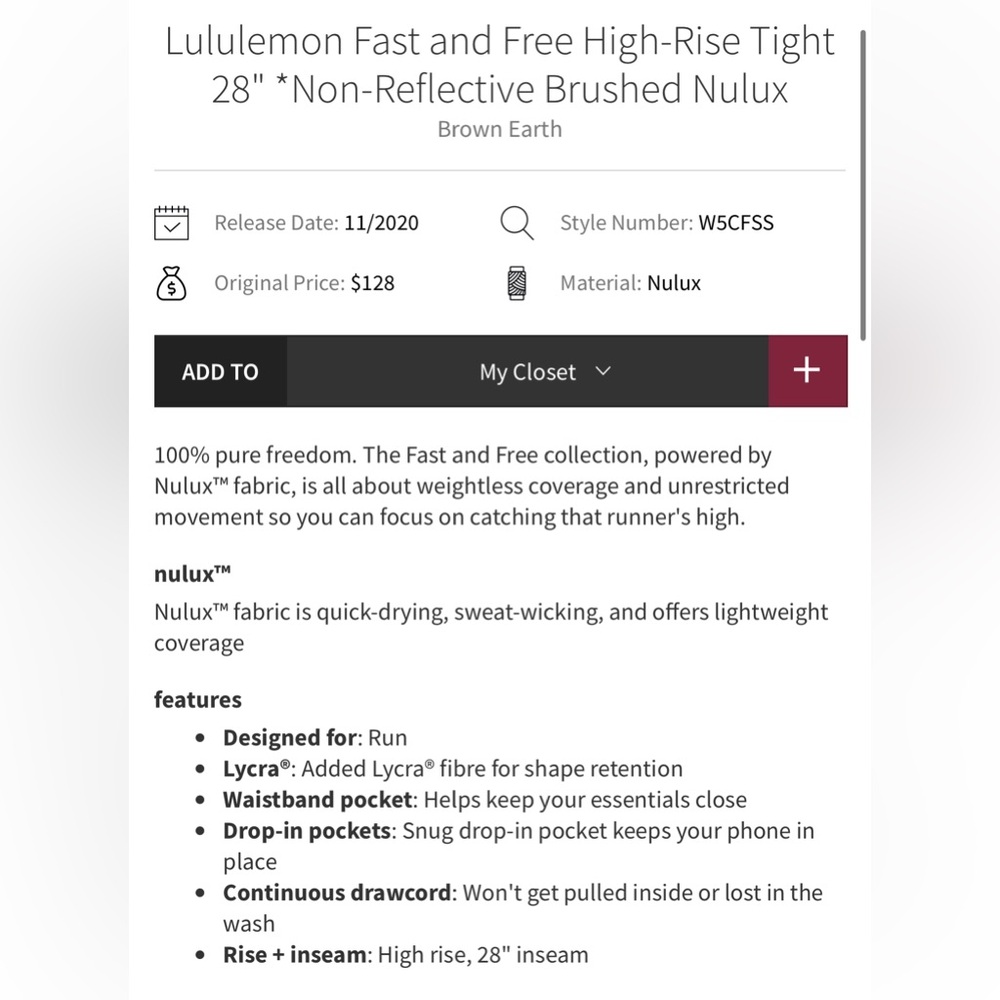 Lululemon Fast and Free High-Rise Tight 28" *Non-Reflective Brushed Nulux - Picture 2 of 6